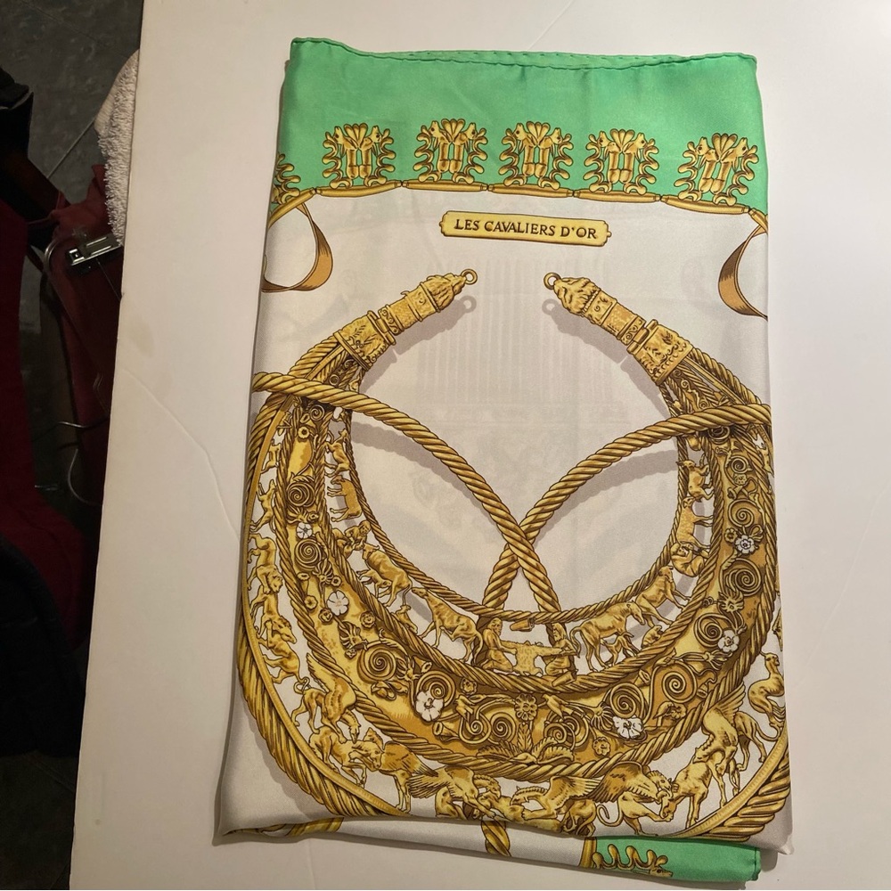 Hermes Green White Gold 'Les Cavaliers d'Or' Silk Scarf